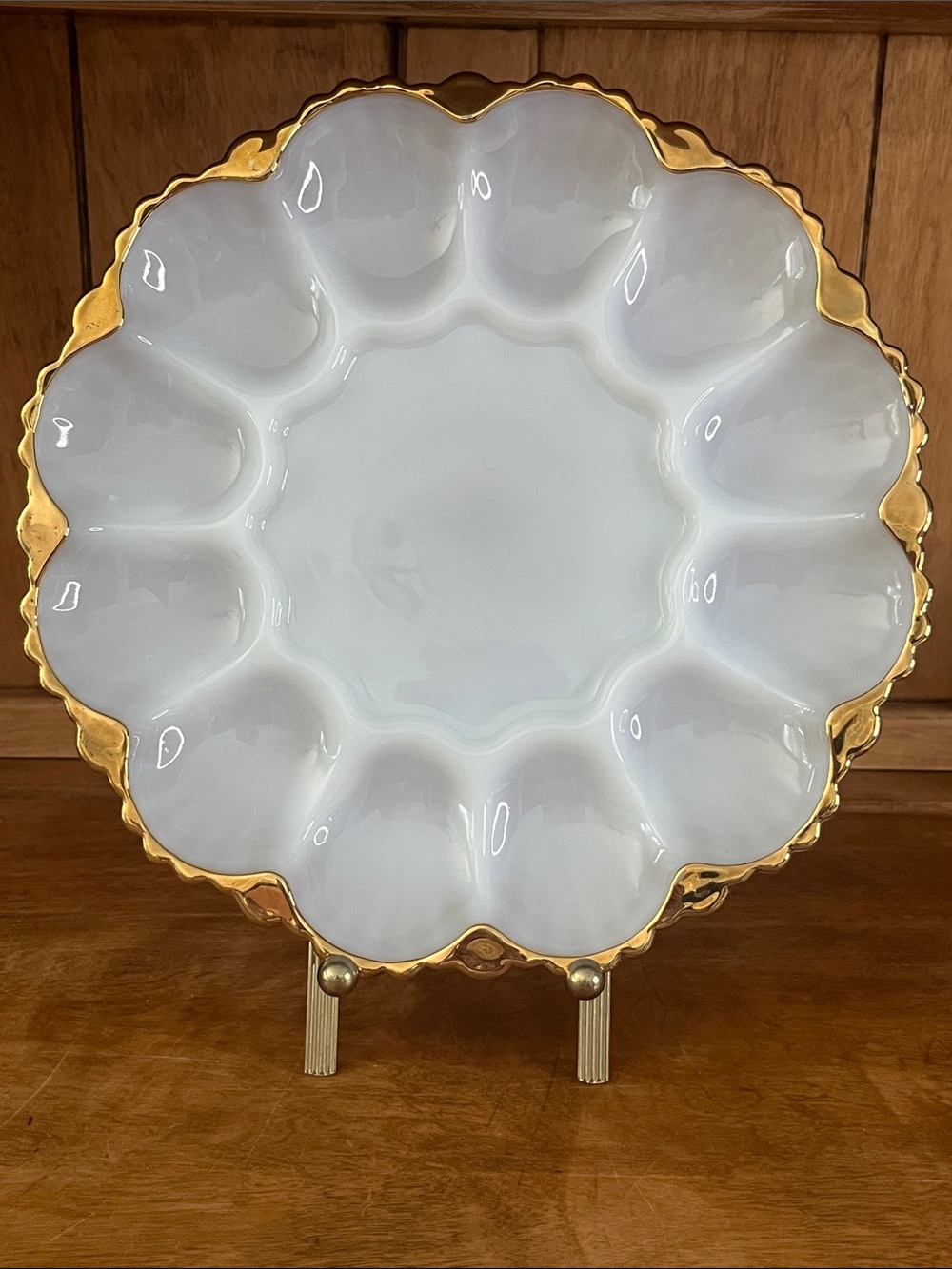 Vintage FireKing White MilkGlass Deviled Egg Platter w/Gold Scalloped Edge.